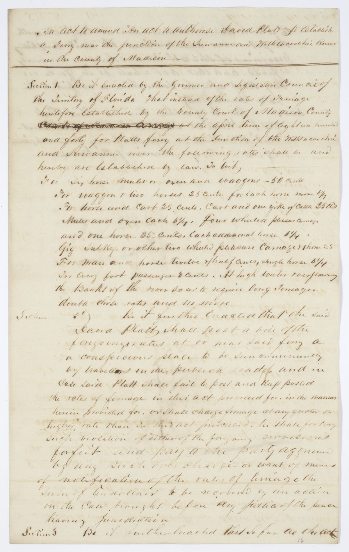 Draft of an Act to Amend an Act to Authorize David Platt to Establish a Ferry, 1844