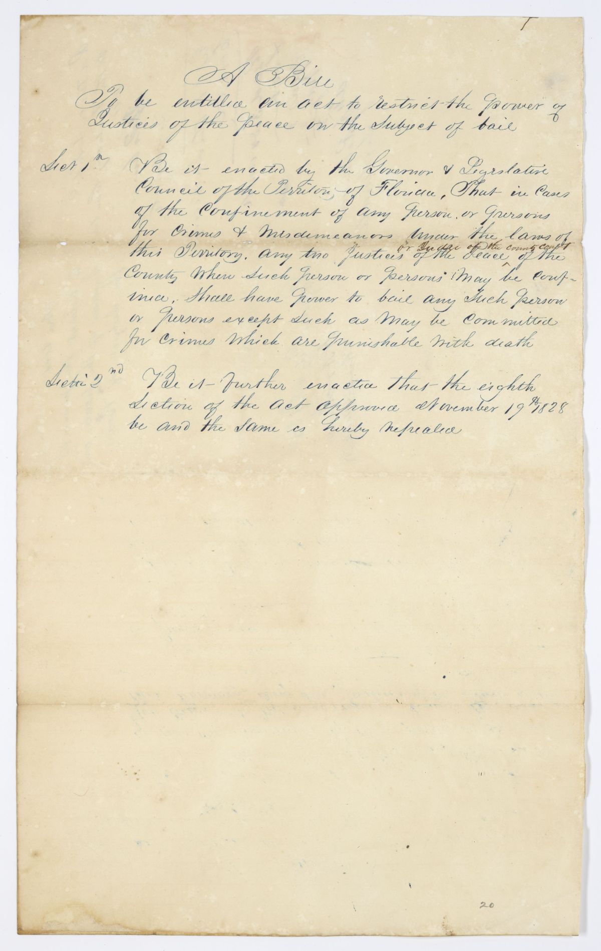 Draft of an Act to Restrict the Power of Justices of the Peace on the Subject of Bail, circa 1842