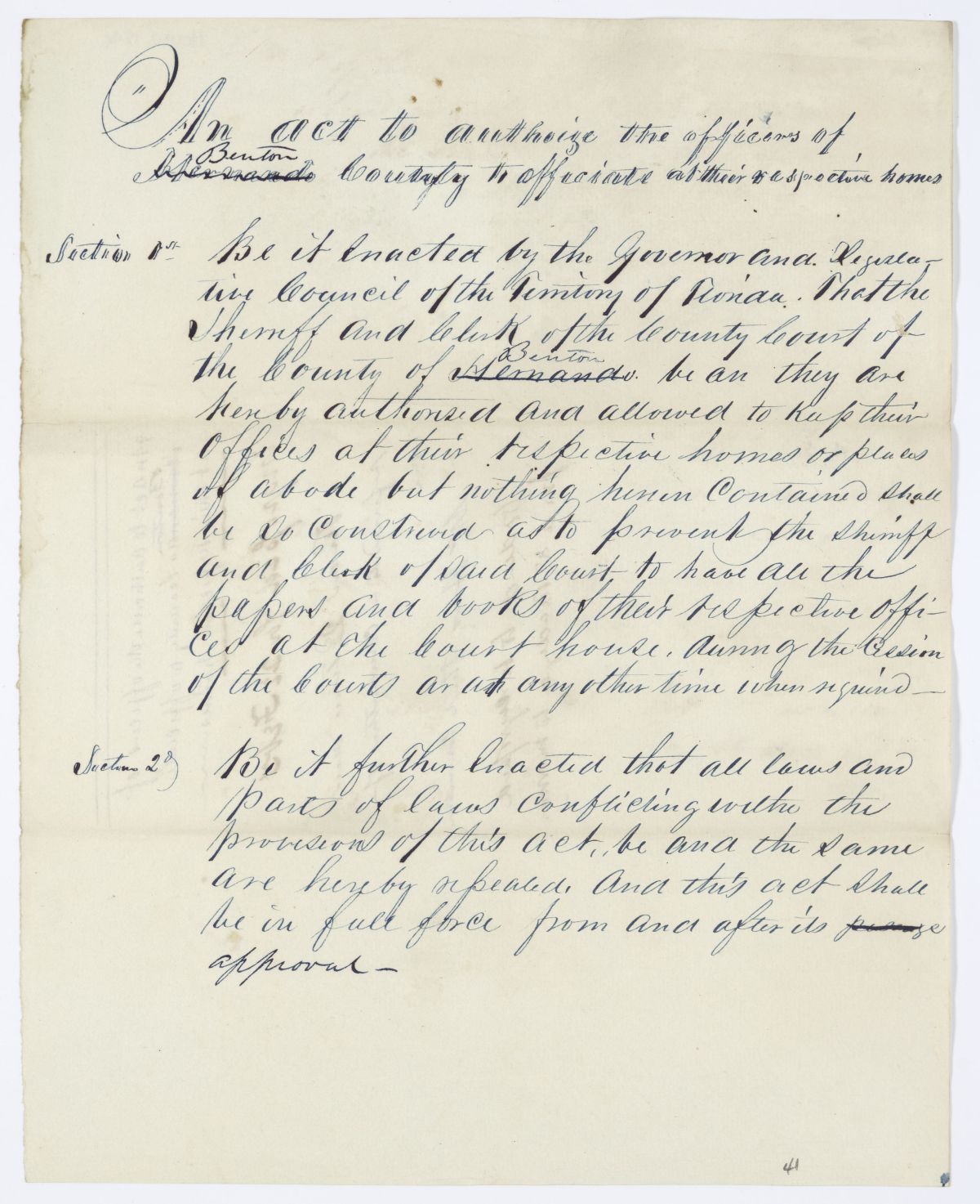 Draft of an Act to Authorize the Officers of Benton County to Officiate at Their Respective Homes, 1844