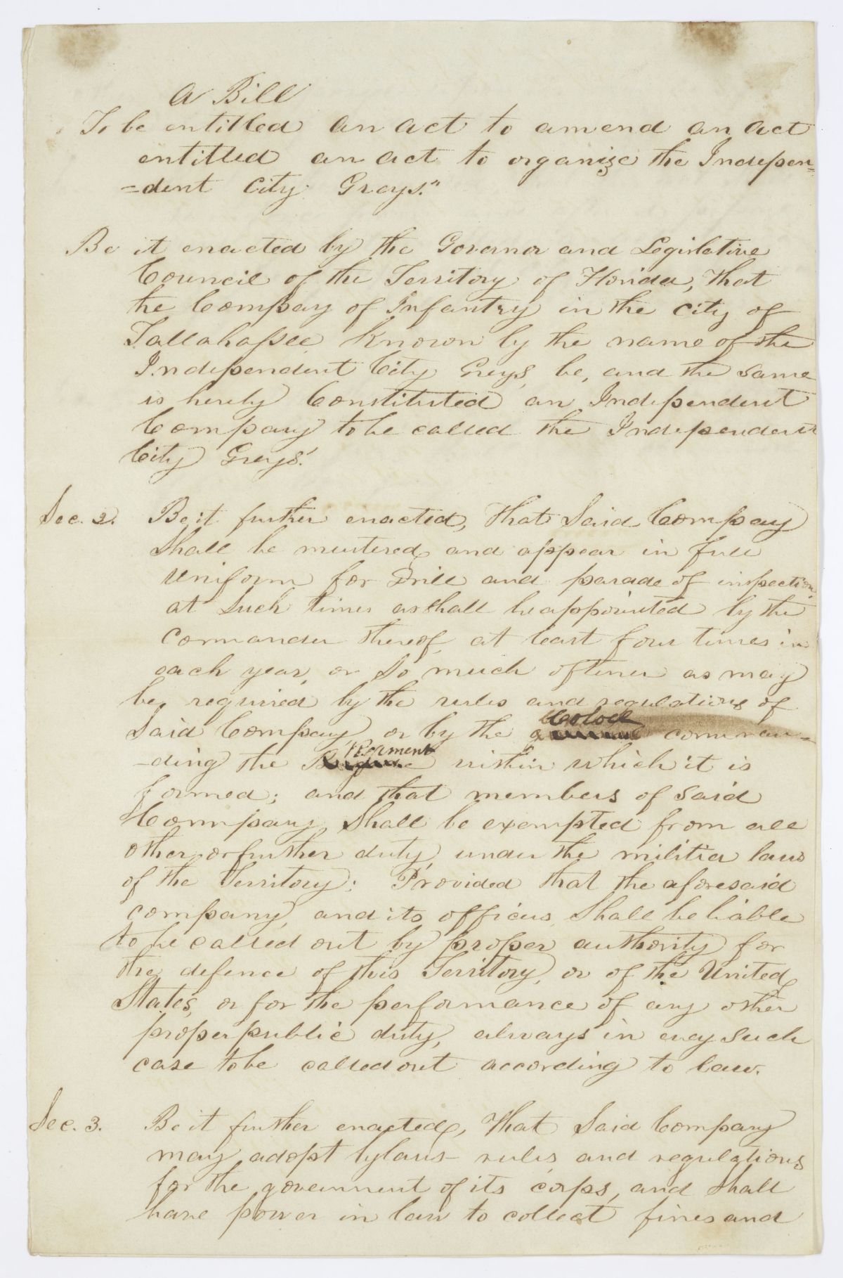 Draft of an Act to Amend an Act to Organize the Independent City Grays, 1844