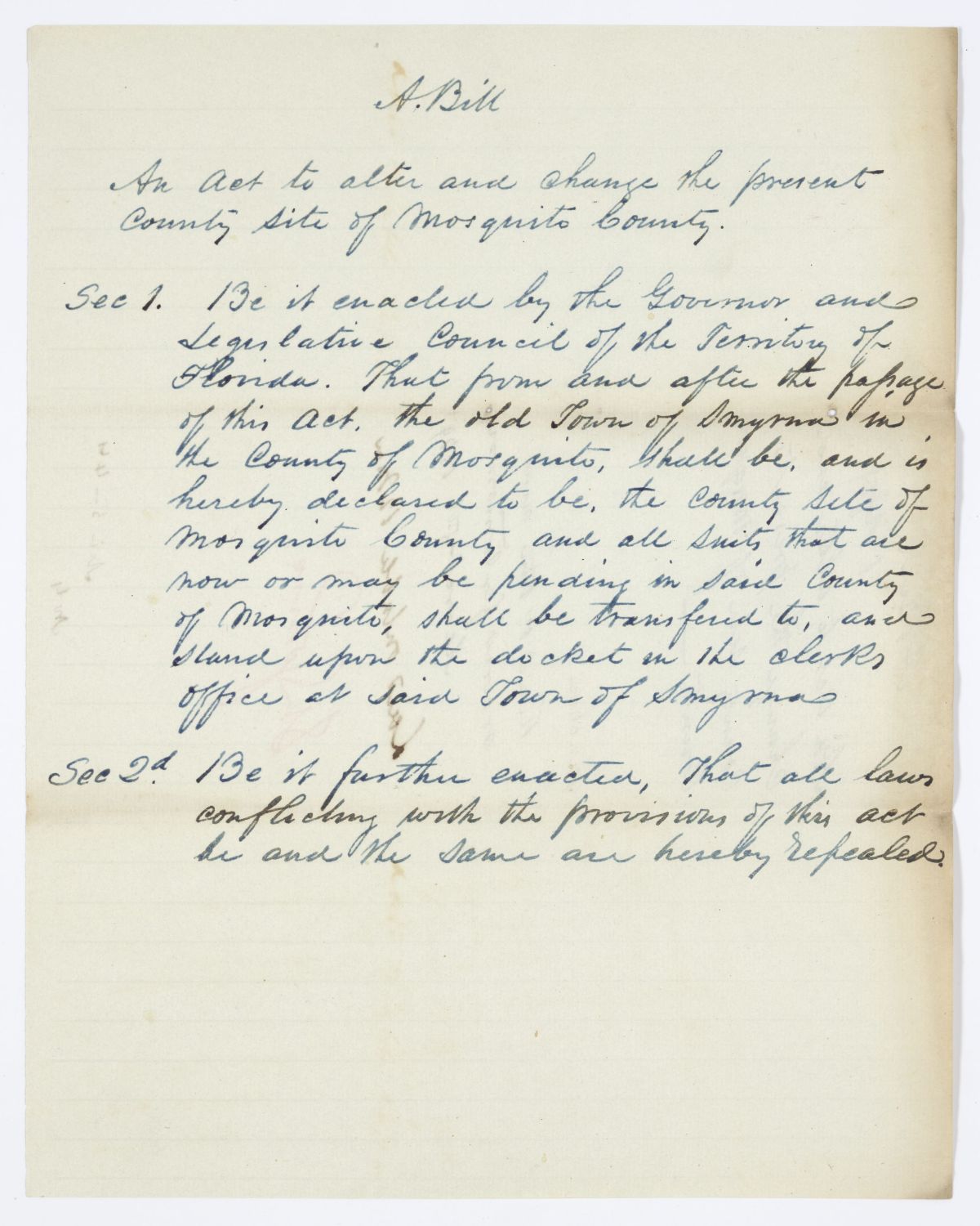 Draft of an Act to Alter and Change the Present County Seat of Mosquito County, 1844