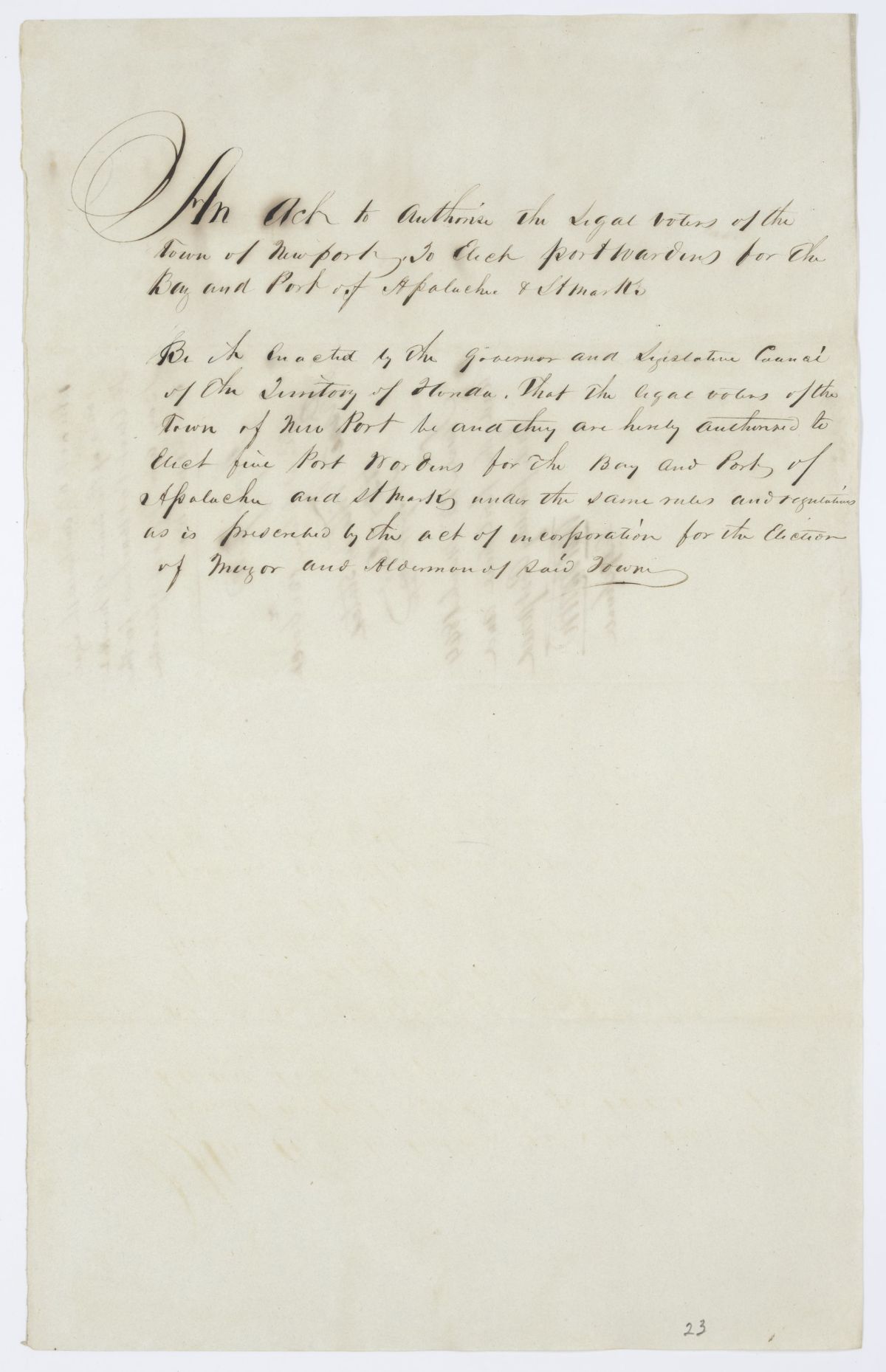 Draft of an Act to Authorize the Legal Voters of the Town of Newport to Elect Port Wardens, 1844