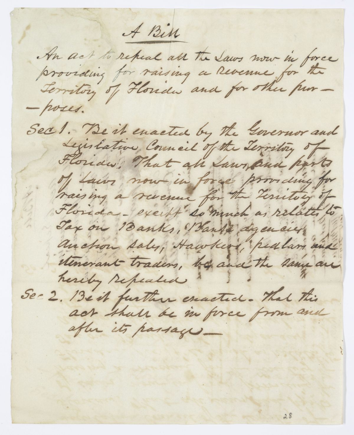 Draft of an Act to Repeal All Laws Now in Force Providing for Raising a Revenue for the Territory and for Other Purposes, 1844