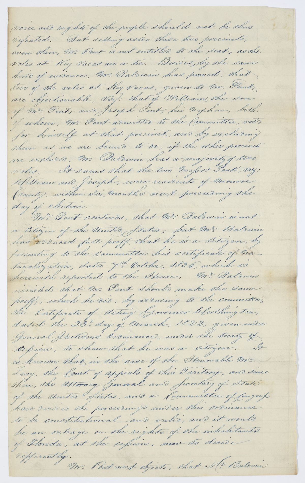 Report of the Committee on Elections to Whom Was Referred the Petition of Temple Pent, circa 1844