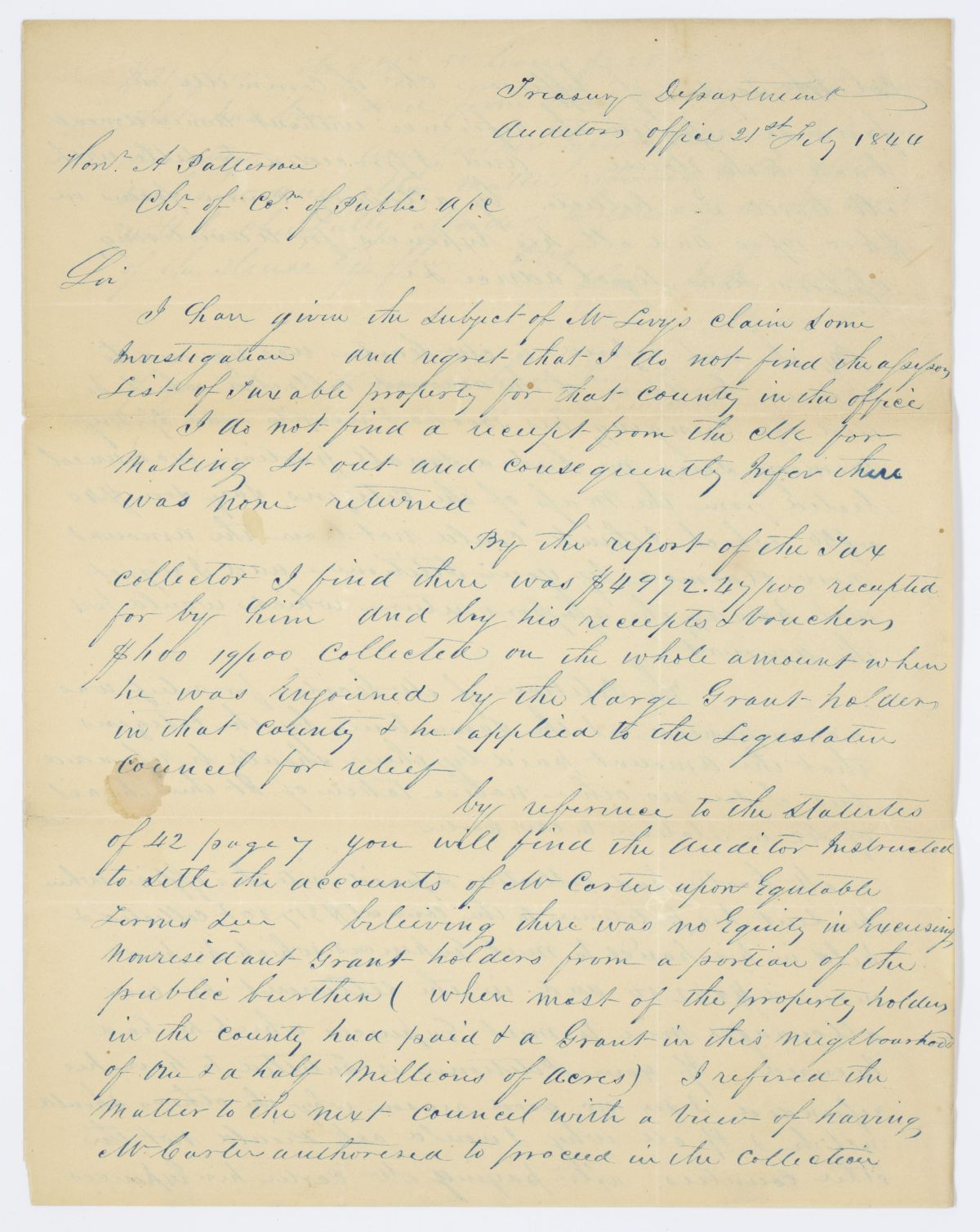 Letter from Auditor John Miller to A. Patterson Concerning Certain Claims and Accounts, 1844