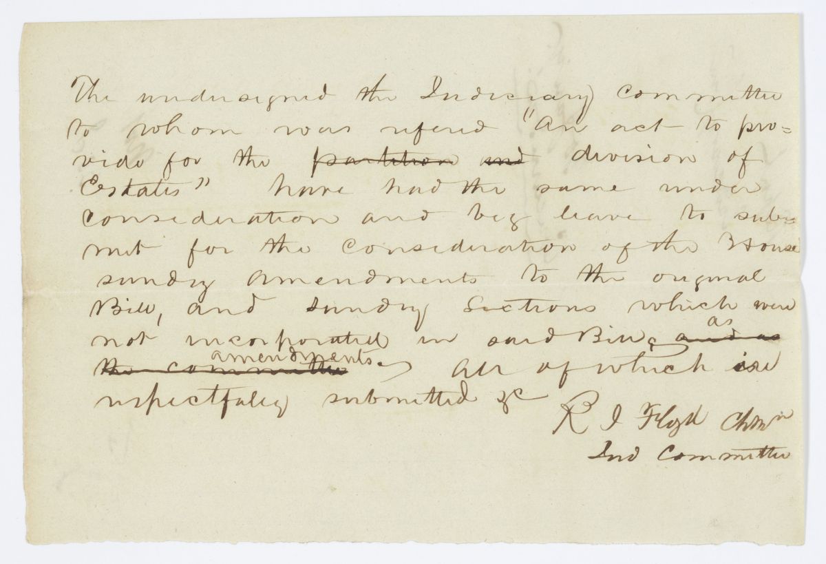 Report of the Judiciary Committee to Whom Was Referred a Bill Regarding the Partition and Division of Estates, circa 1844