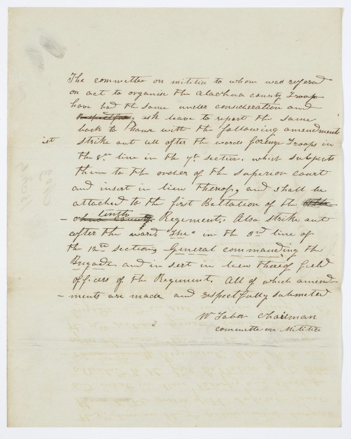 Report of the Committee on the Militia to Whom Was Referred an Act to Organize the Alachua County Troop, circa 1844