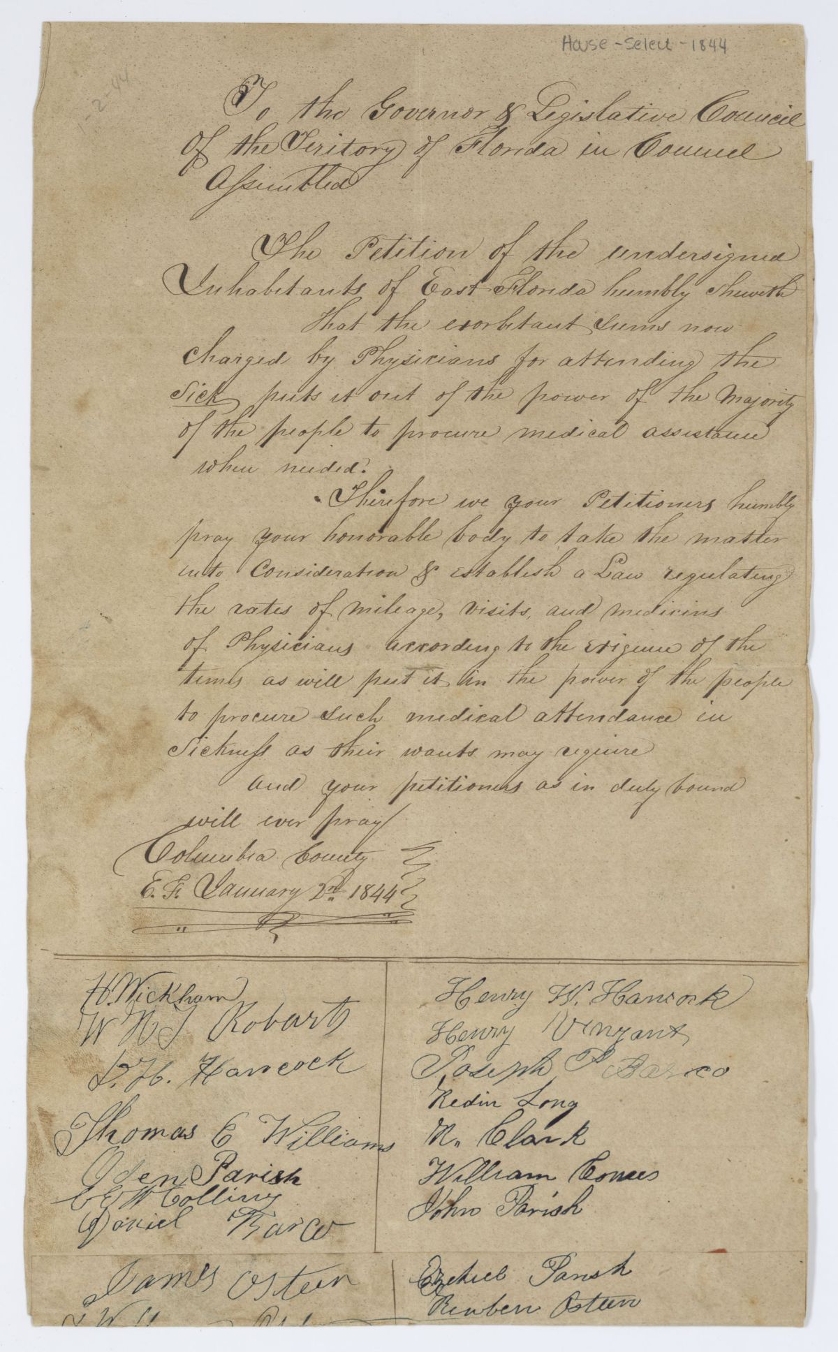 Petition of Citizens of East Florida Requesting that the Charges of Physicians Be Regulated by Law, 1844