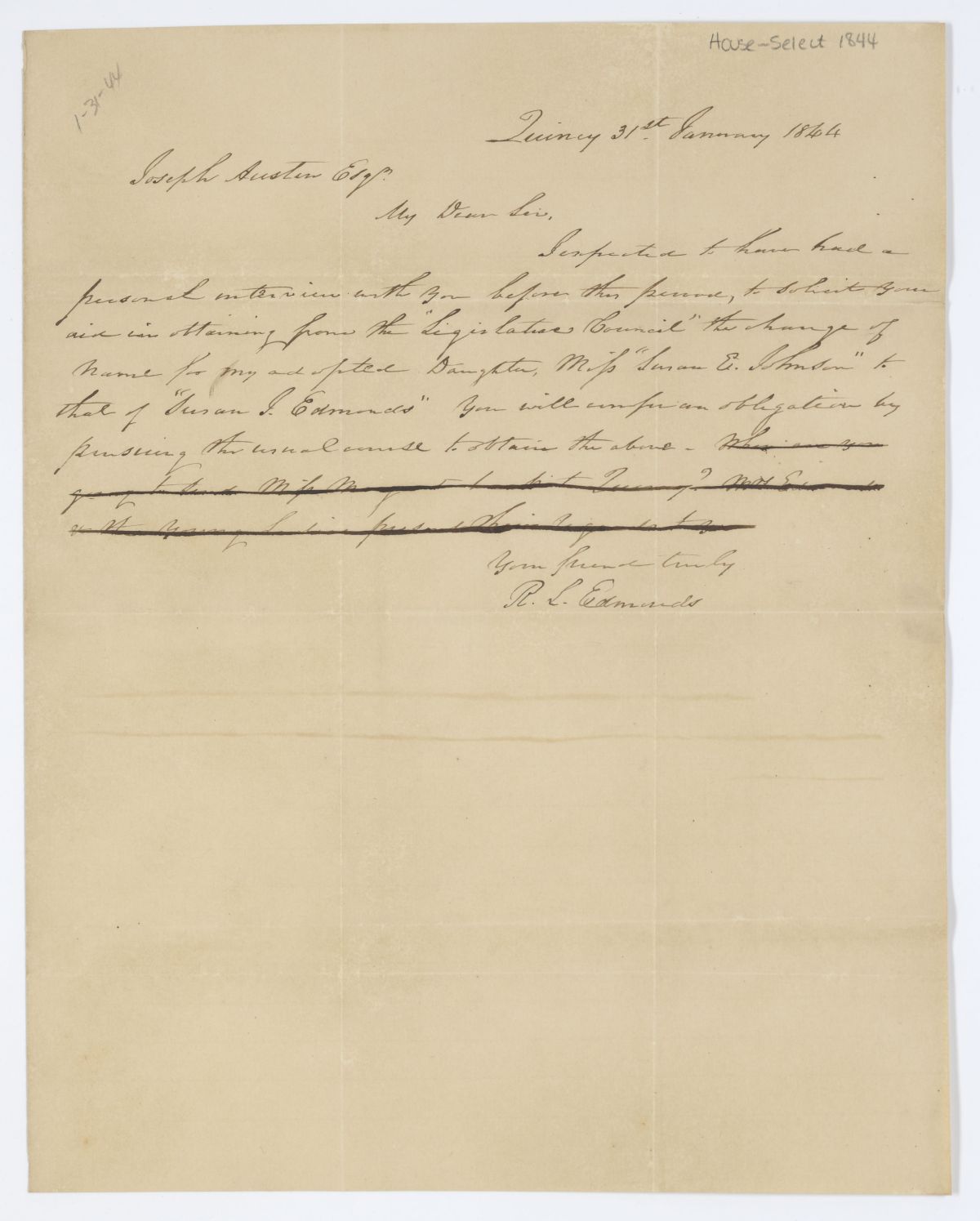 Letter from R. L. Edmonds to Joseph Austin Regarding a Name Change for Edmond's Adopted Daughter, 1844