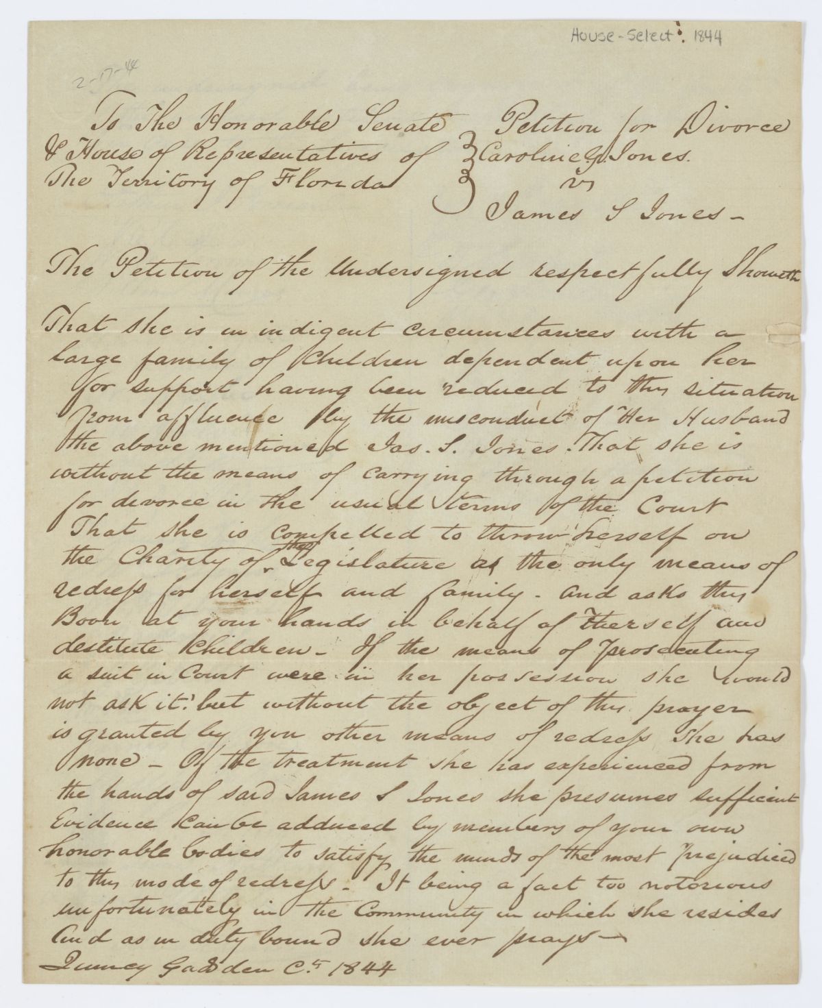 Divorce Petition of Caroline G. Jones, 1844