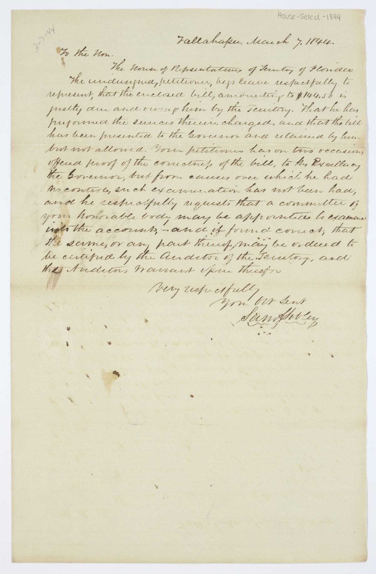 Petition of Samuel S. Sibley Requesting Compensation for Services Rendered to the Territory, 1844