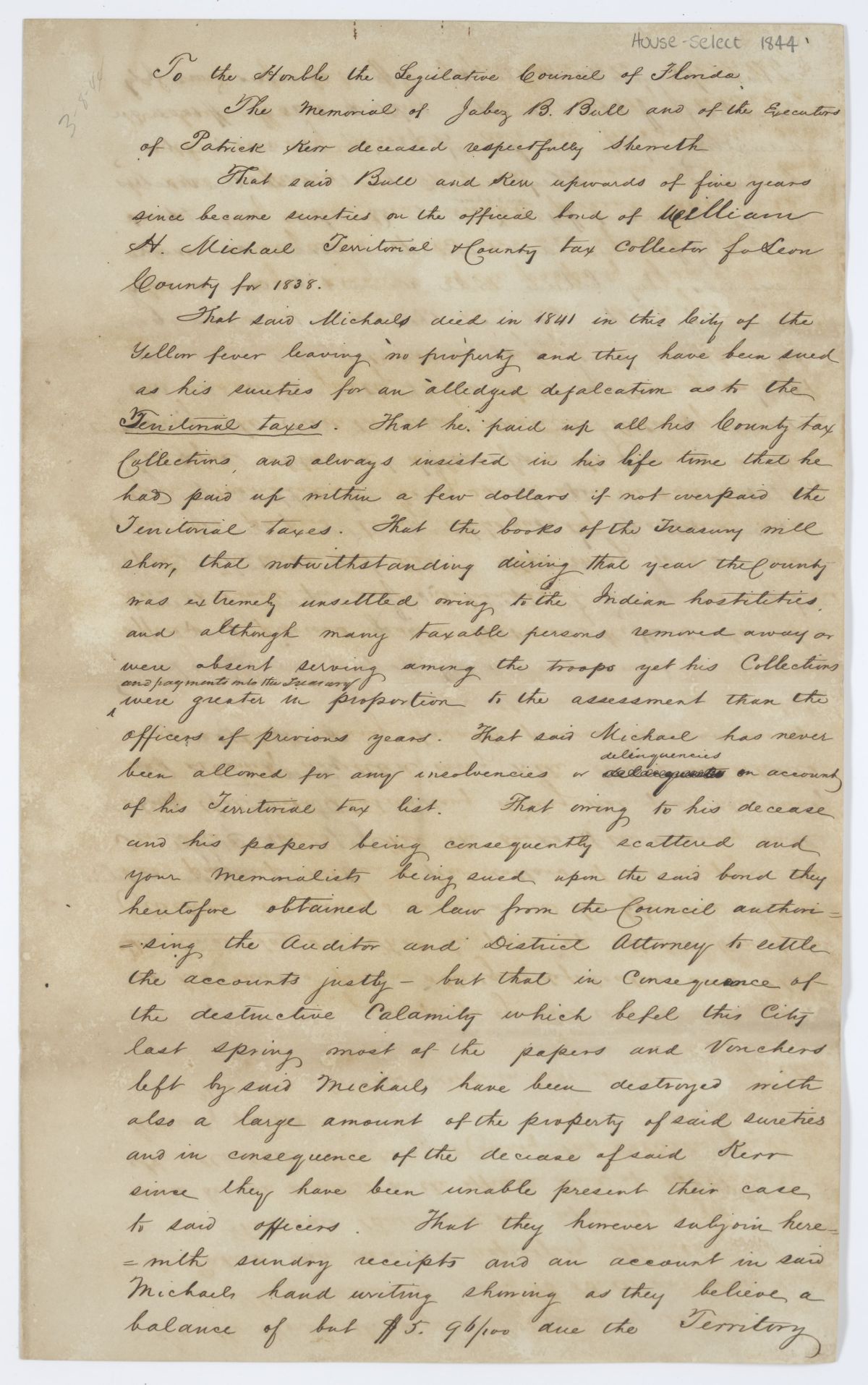 Petition of Jabez B. Bull and the Executors of Patrick Kerr with Supporting Documents, circa 1844