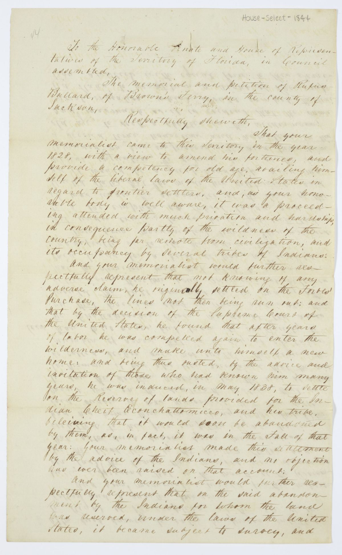 Petition of Rufus Ballard Requesting Pre-Emption Rights on Land that He Settled, circa 1844