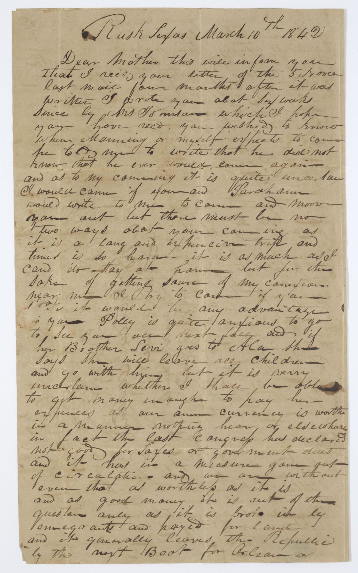 Letter from J. W. Hagan to Nancy Hagan Containing Information Regarding the Divorce Between Huldah and May, 1842