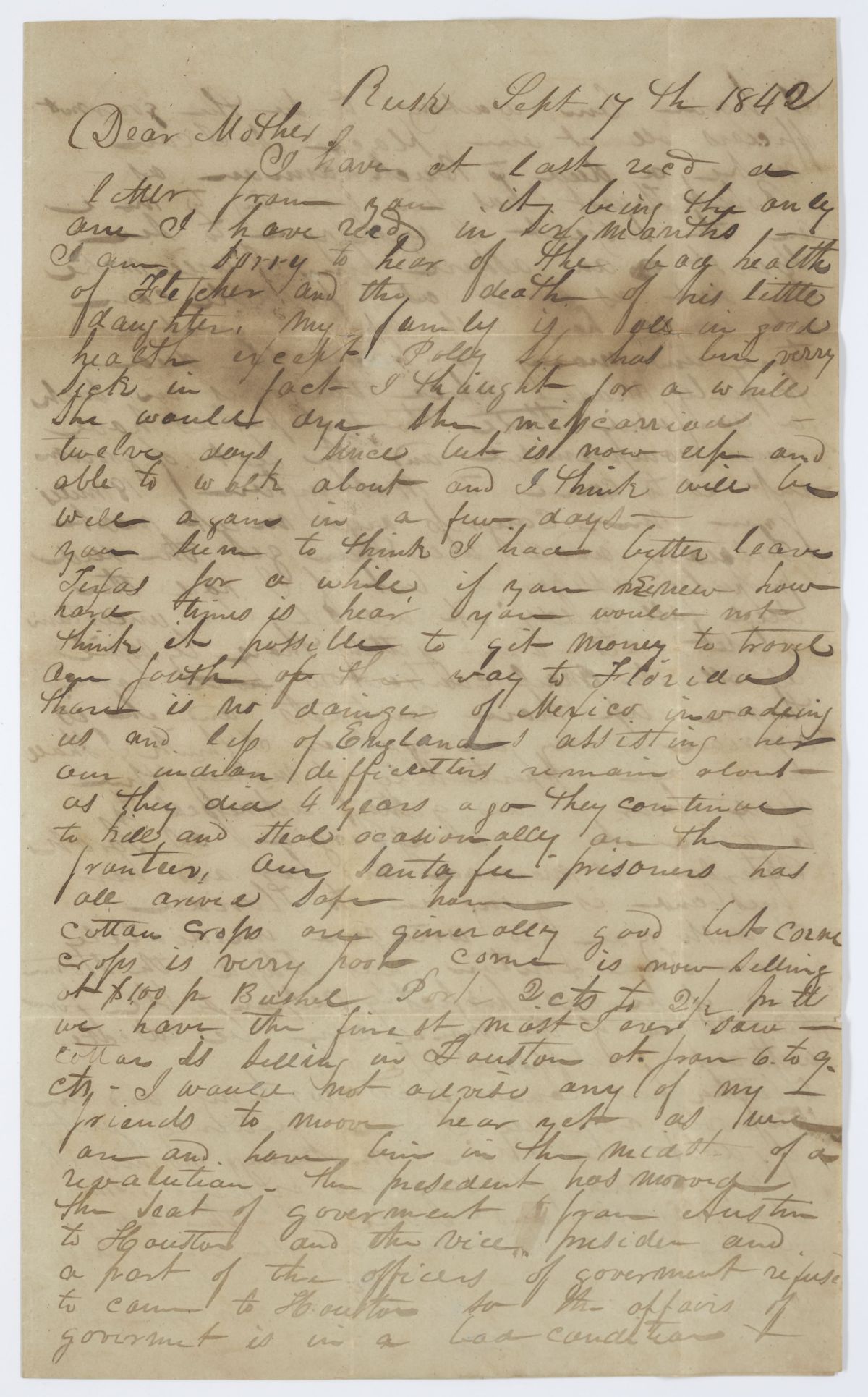 Letter from J. W. Hagan to Nancy Hagan Containing Information Regarding the Divorce Between Huldah and May, 1842