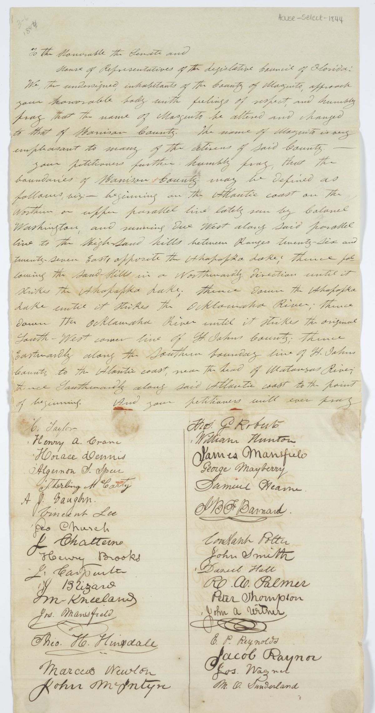 Petition of Citizens of Mosquito County Requesting that the County Be Renamed Harrison County, 1844