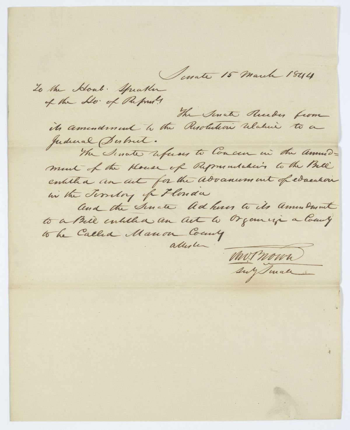 Three Messages from the Senate to the House of Representatives Concerning a Bill to Organize Marion County, 1844