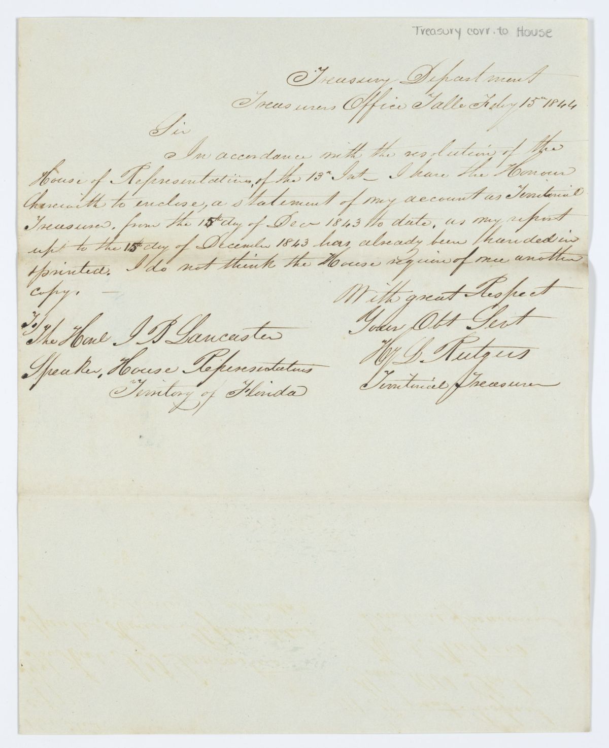 Letter from H. L. Rutgers to Joseph B. Lancaster Regarding the Statement of the Account of the Territorial Treasury, 1844