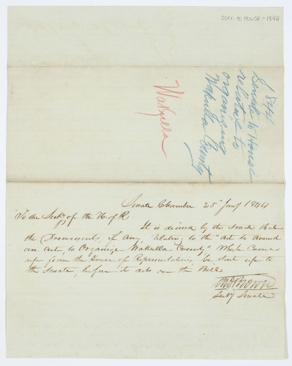 Letter from the Senate to the House Requesting Documents Relating to a Bill to Amend an Act to Organize Wakulla County, 1844