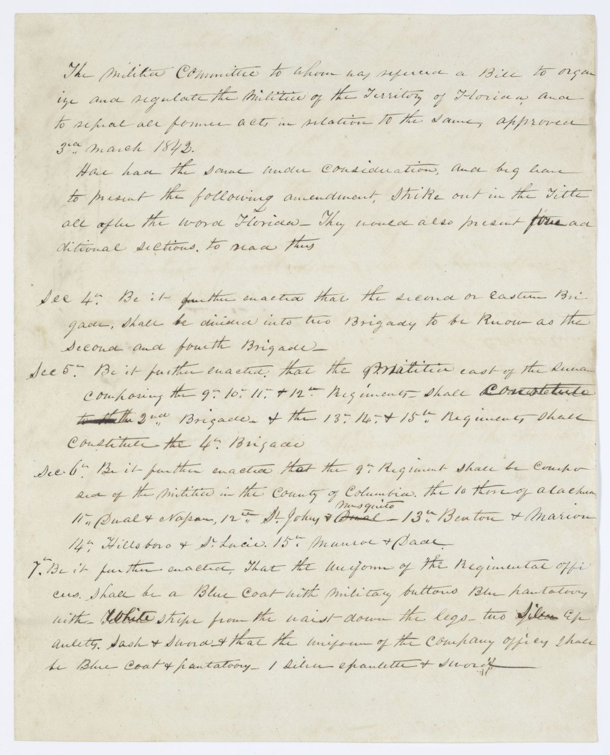 Drafts of a Bill Entitled An Act Amendatory of an Act to Organize and Regulate the Militia of the Territory of Florida and to Repeal All Former Acts in Relation to the Same