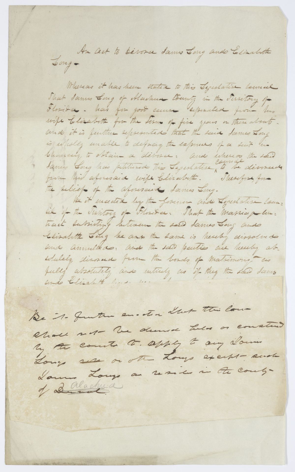 Draft of an Act to Divorce James Long and Elizabeth Long