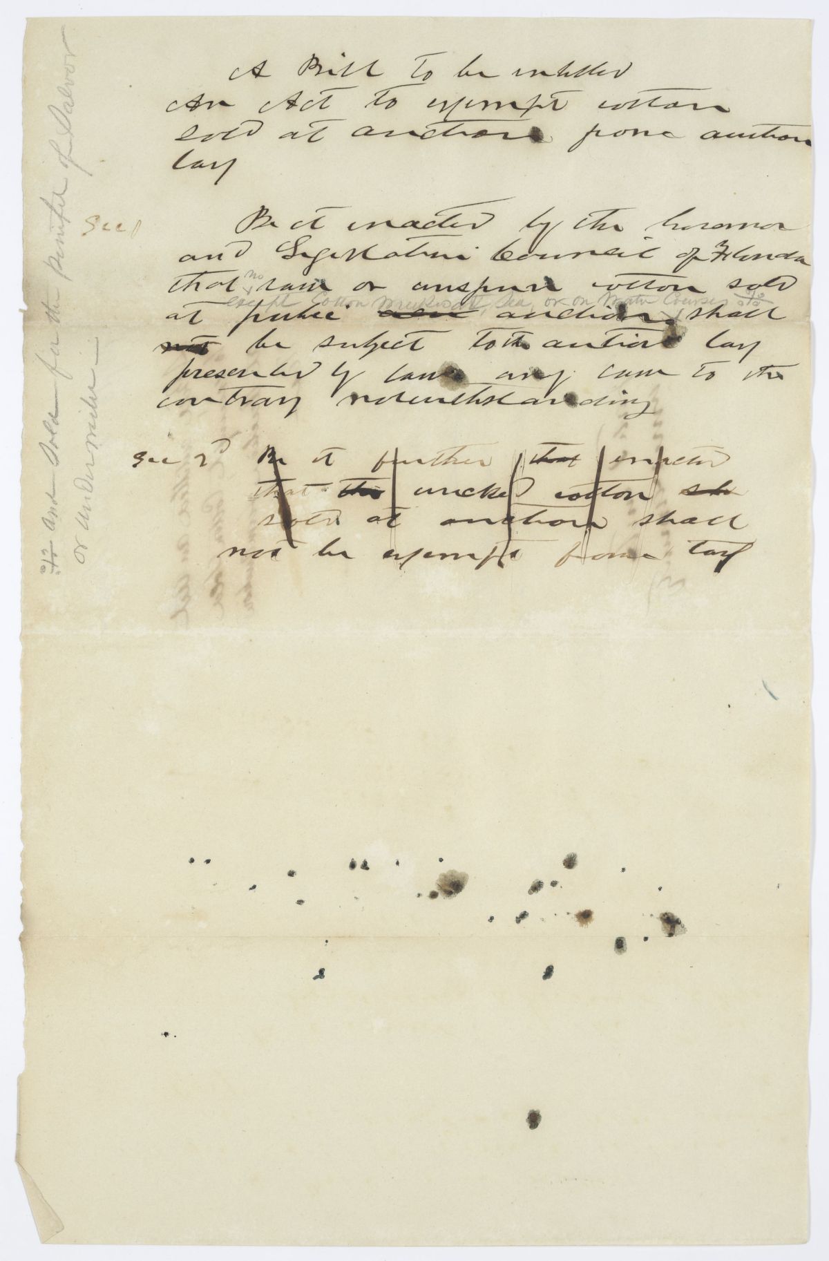 Draft of an Act to Exempt Cotton Sold at Auction from Auction Tax, 1844