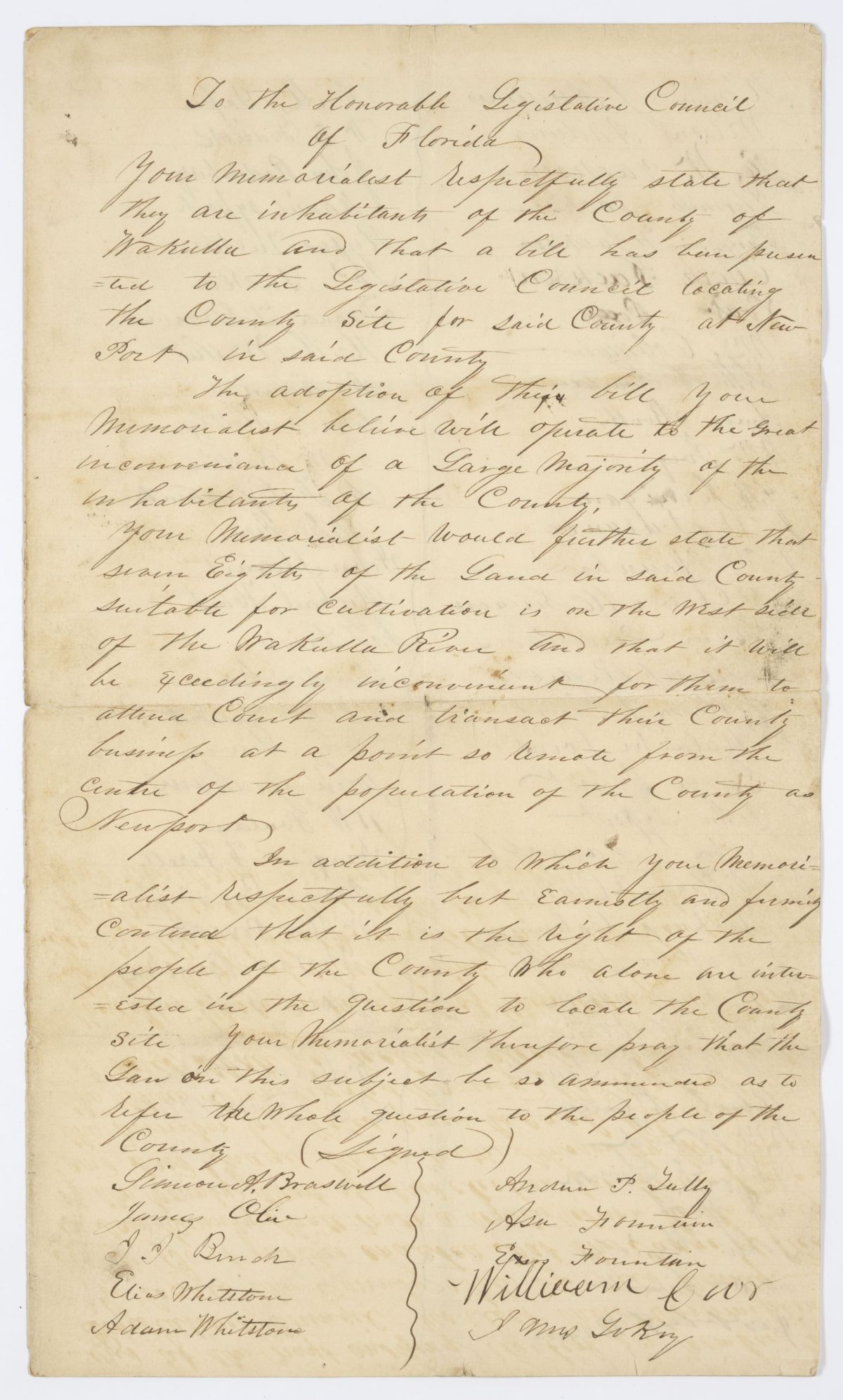 Two Petitions of Citizens of Wakulla County Regarding the County Seat and a Bill Draft Addressing the Petitions, 1844