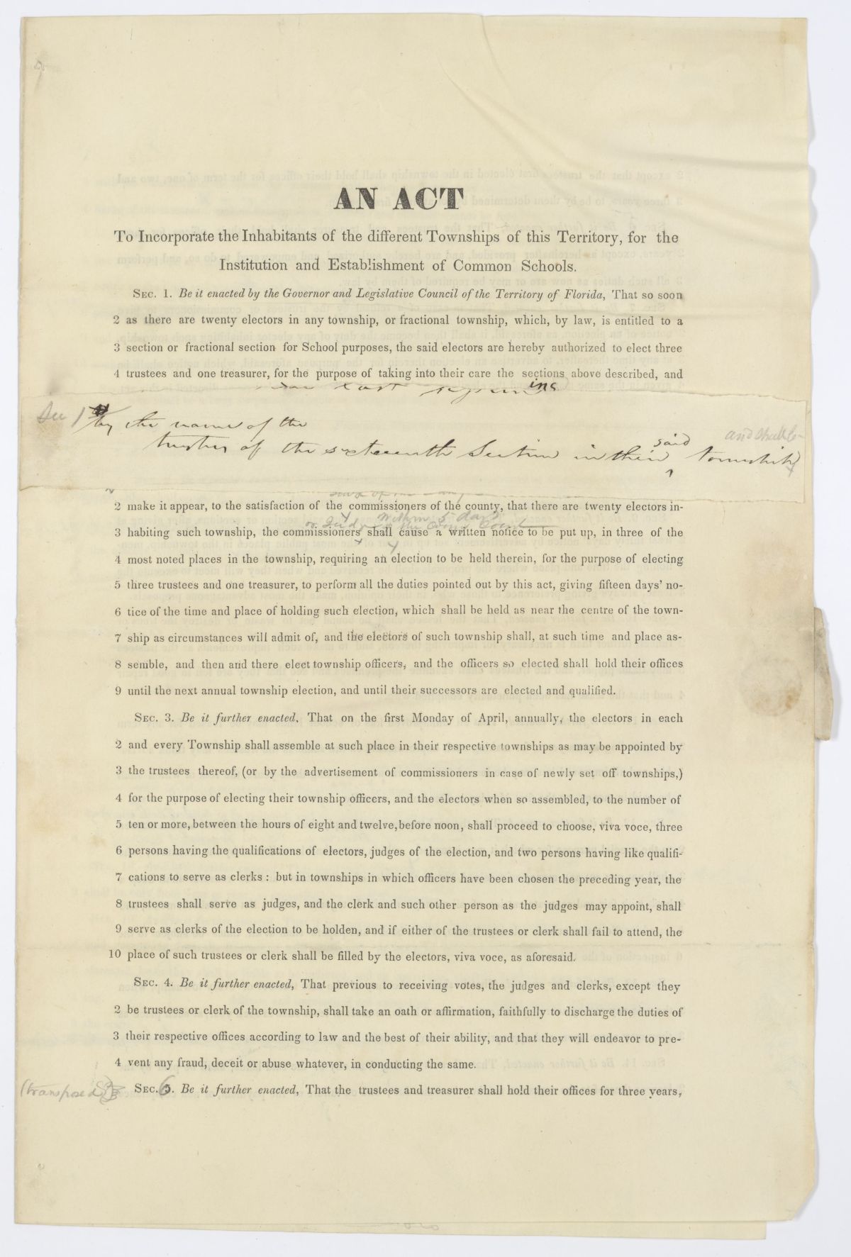 Draft of an Act to Incorporate the Inhabitants of the Different Townships of this Territory for the Establishment of Common Schools, 1844