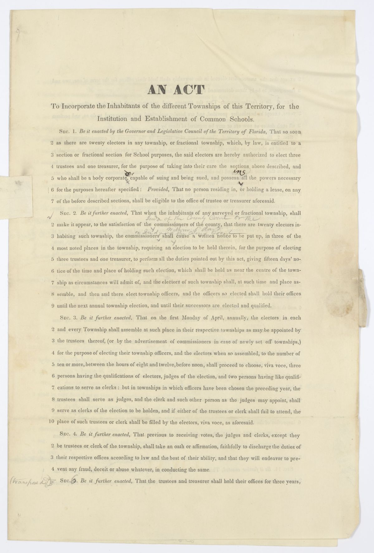 Draft of an Act to Incorporate the Inhabitants of the Different Townships of this Territory for the Establishment of Common Schools, 1844