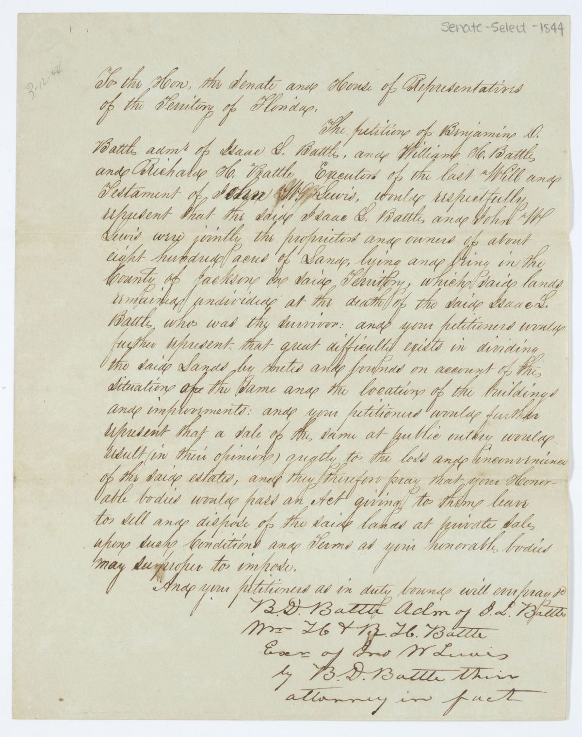 Petition of Benjamin D. Battle with Supporting Letter, circa 1844