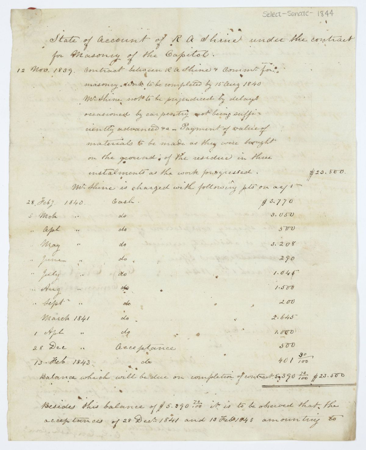 Account of Richard Alexander Shine Under the Contract for Masonry of the Capitol, 1844