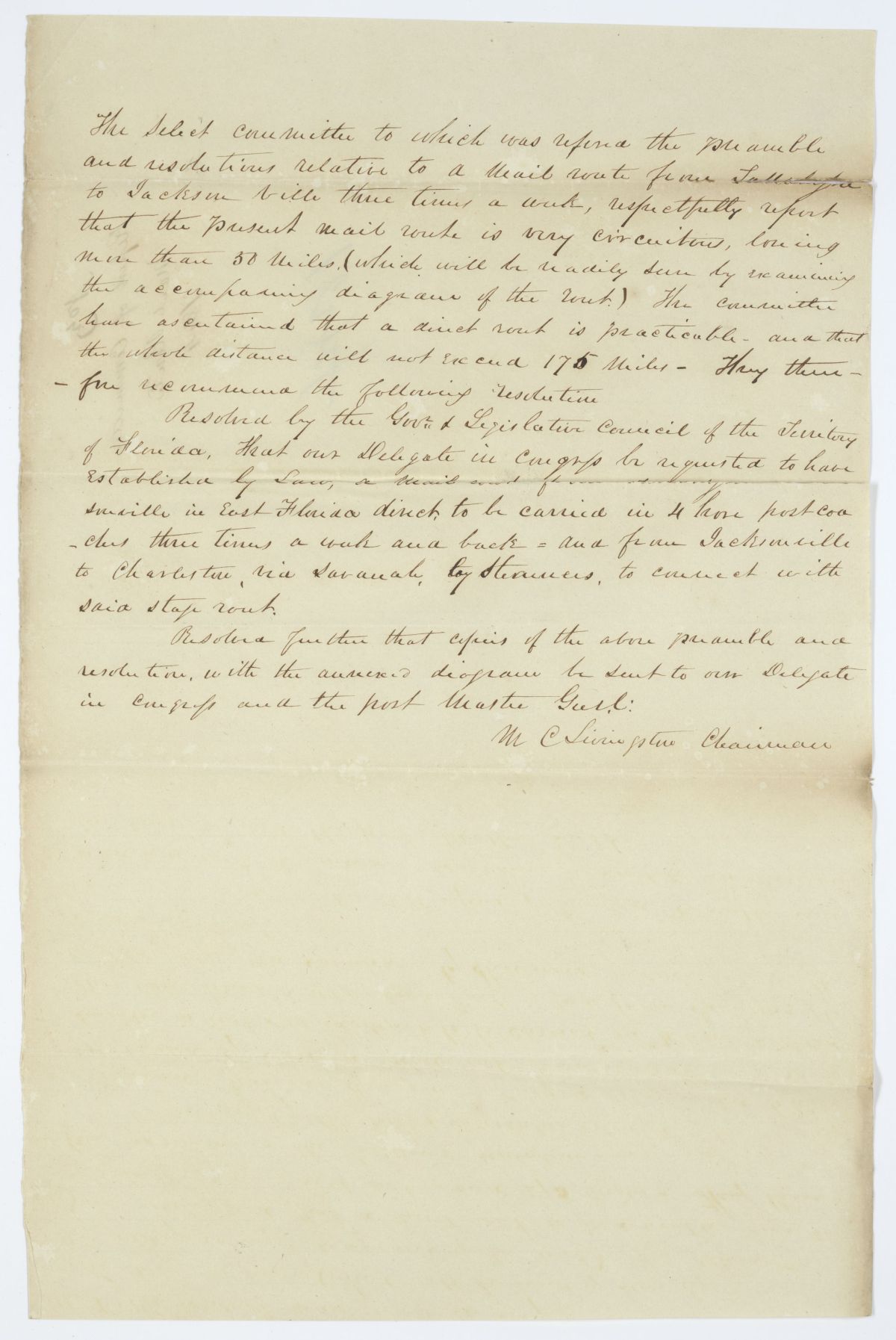 Report of the Select Committee to Whom Was Referred a Resolution Relative to a Mail Route from Tallahassee to Jacksonville, 1844