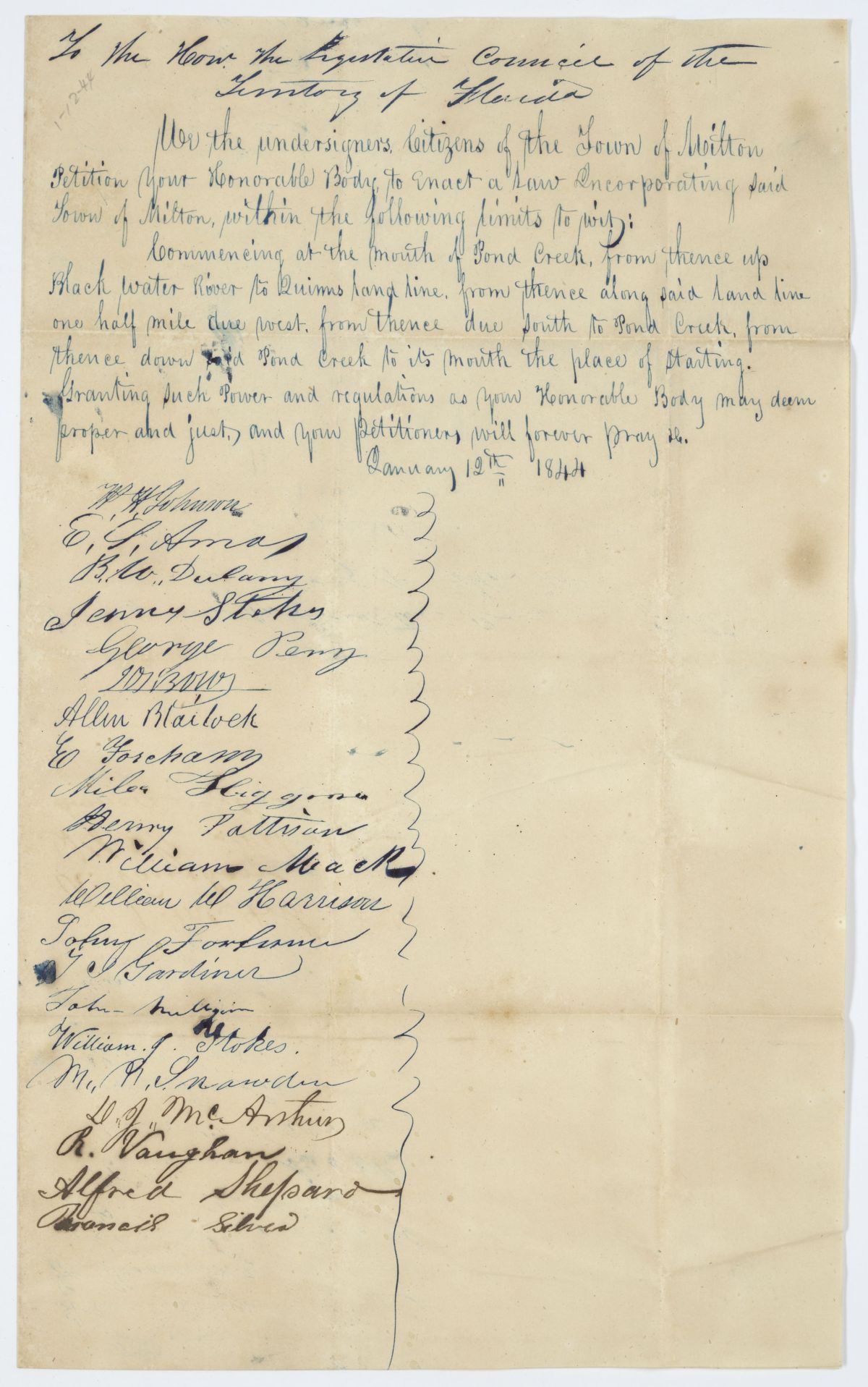 Petition of Citizens of Milton Requesting that the Town Be Incorporated Within Specific Limits, 1844