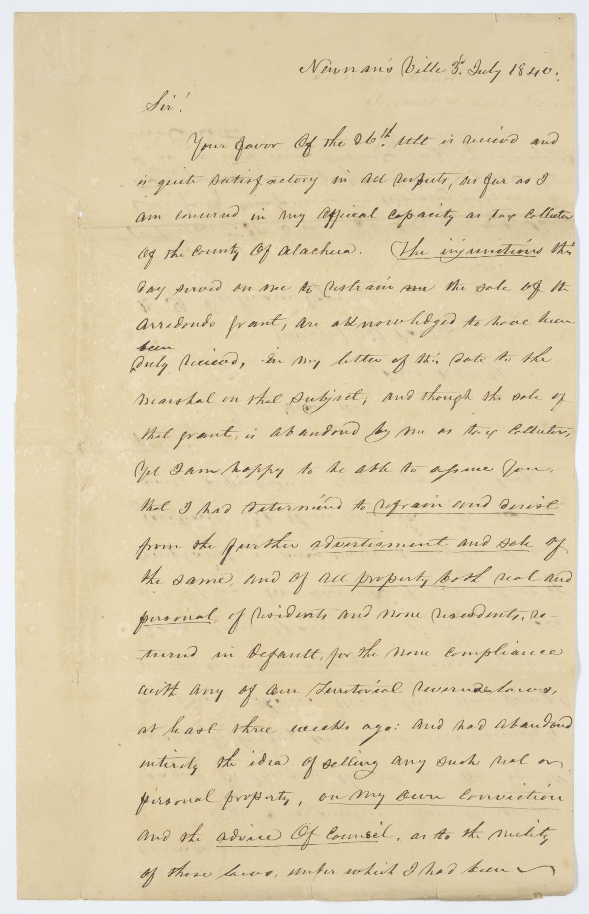 Copy of a Letter from Jesse Carter Concerning an Injunction Against Him, 1843