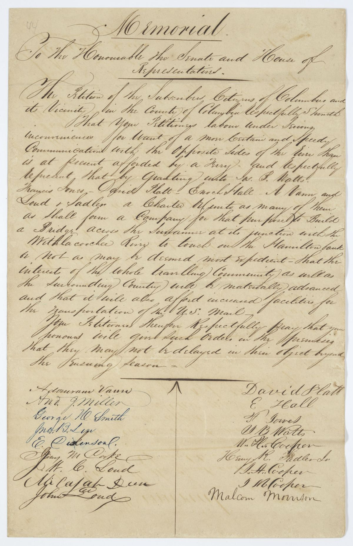 Petition of Citizens of Columbia County Requesting a Charter to Build a Bridge Across the Suwannee River, circa 1844