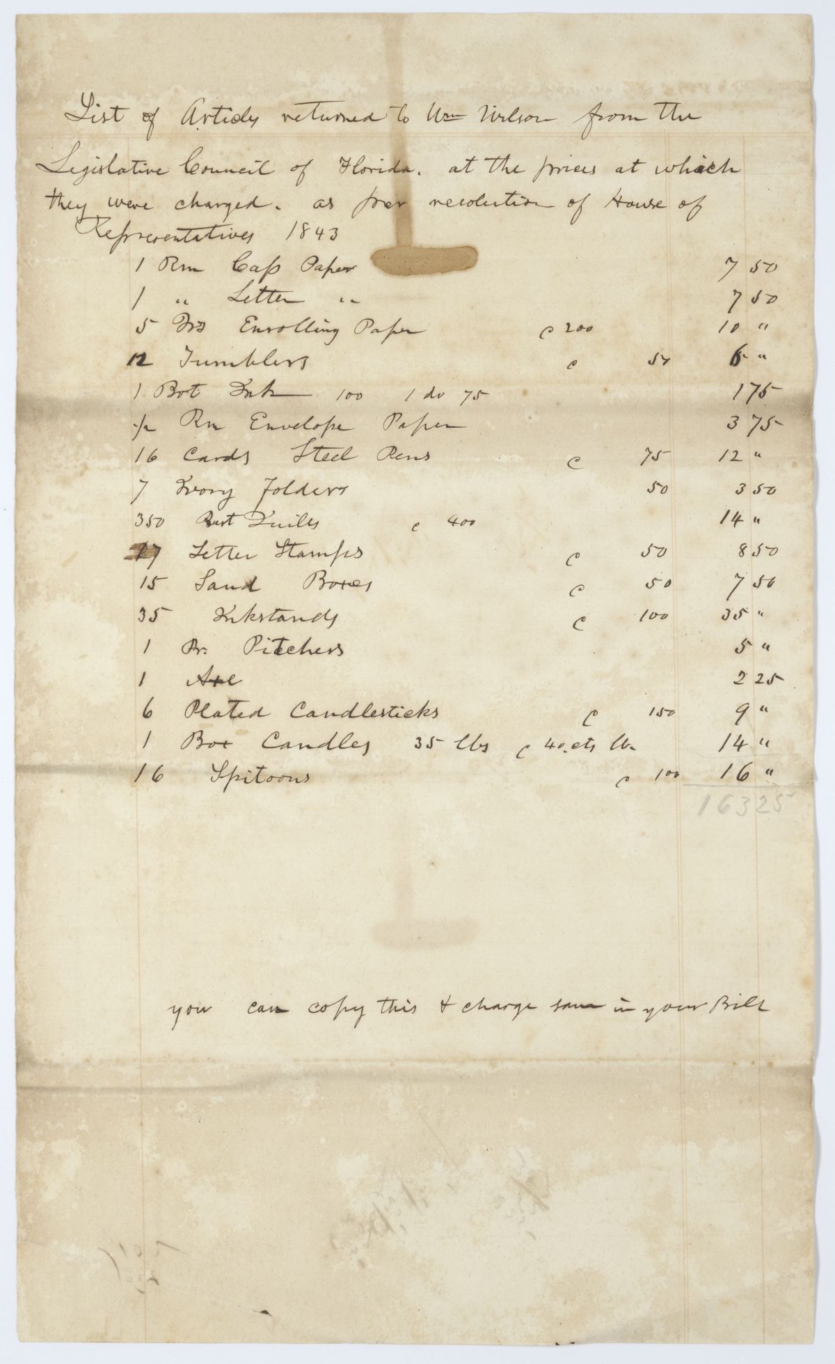 List of Items Returned to William Wilson from the Territorial Legislative Council, circa 1844