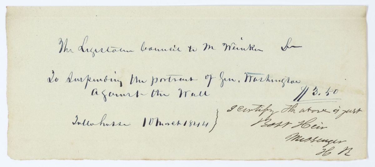 Receipt of M. Weinker for Hanging the Portrait of George Washington, 1844