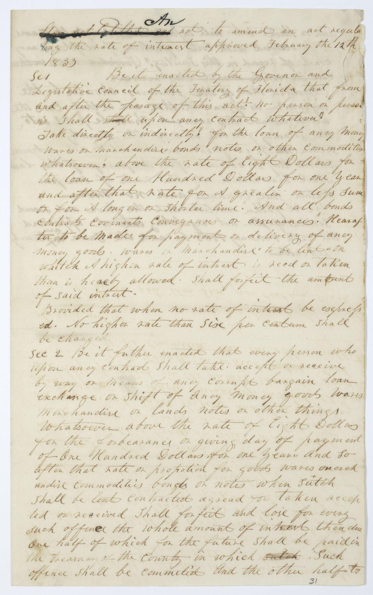 Draft of an Act to Amend an Act Regulating the Rate of Interest, circa 1844