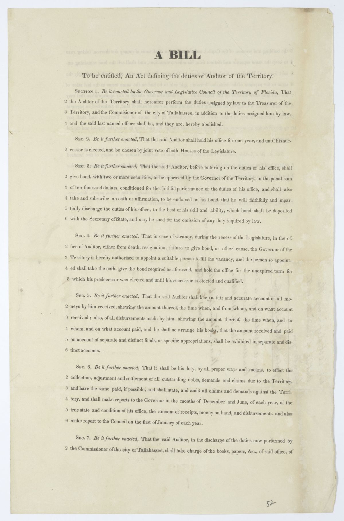 Draft of an Act Defining the Duties of Auditor of the Territory, 1844