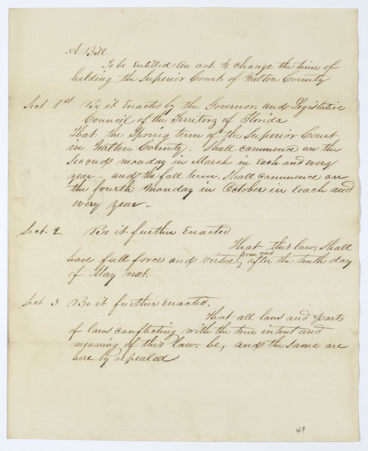 Draft of an Act to Change the Time of Holding the Superior Court for Walton County, 1844