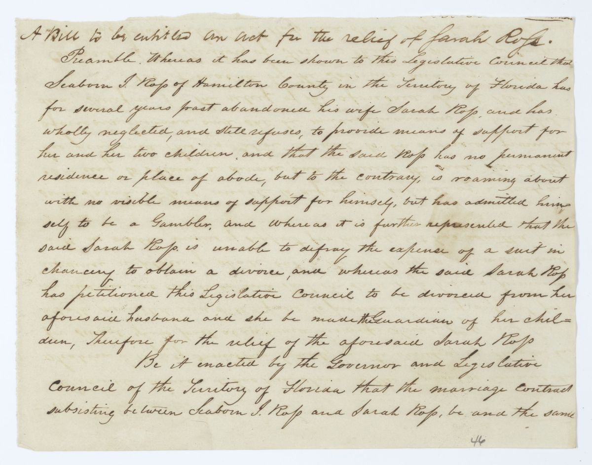 Draft of an Act for the Relief of Sarah Ross, 1844