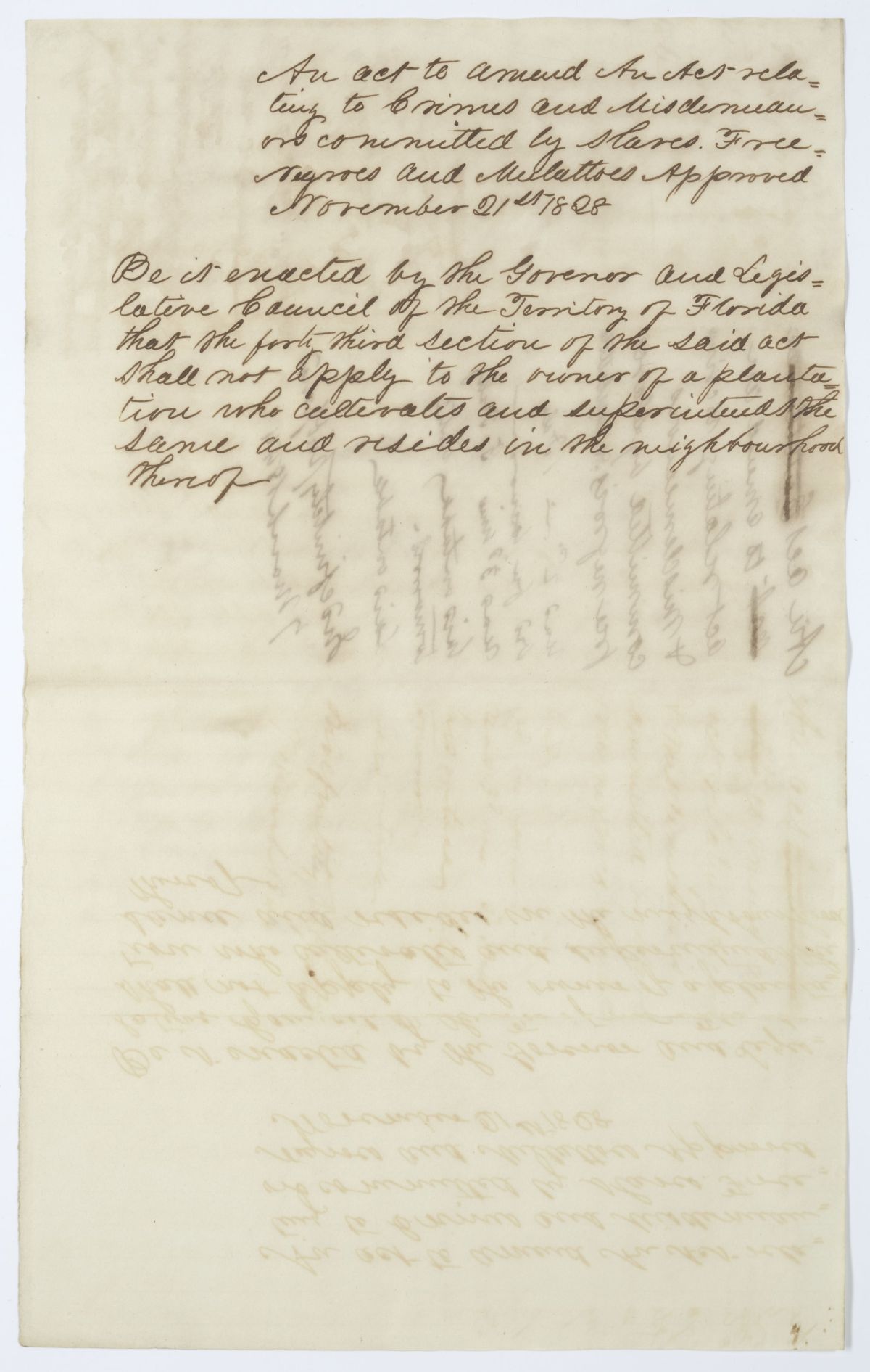 Draft of an Act to Amend an Act Relating to Crimes and Misdemeanors Committed by Enslaved Persons or Free Persons of Color, 1844