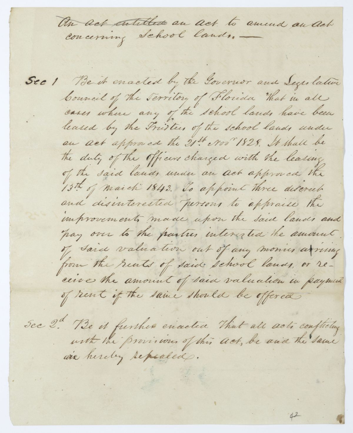 Draft of an Act to Amend an Act Concerning School Lands, 1844