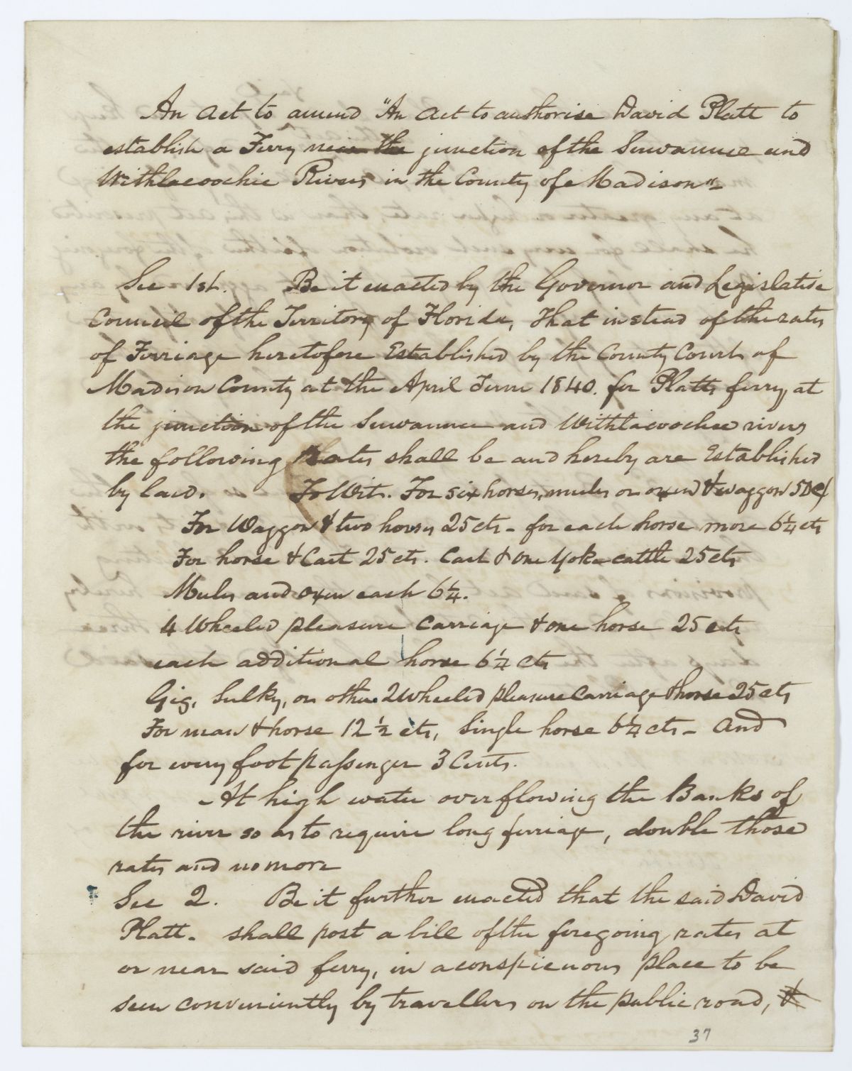 Draft of an Act to Amend an Act to Authorize David Platt to Establish a Ferry, circa 1844