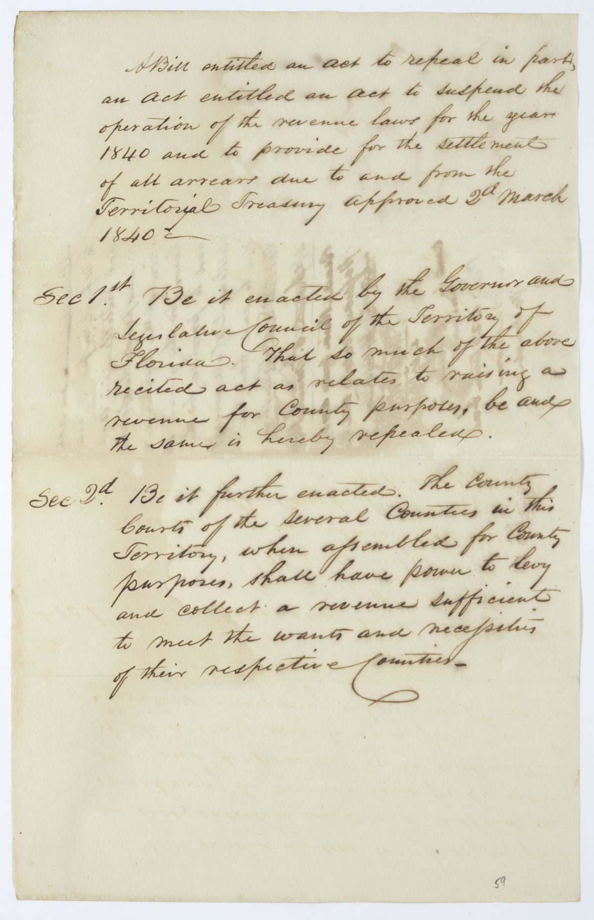 Draft of an Act to Repeal in Part an Act to Suspend the Operation of the Revenue Laws, circa 1844