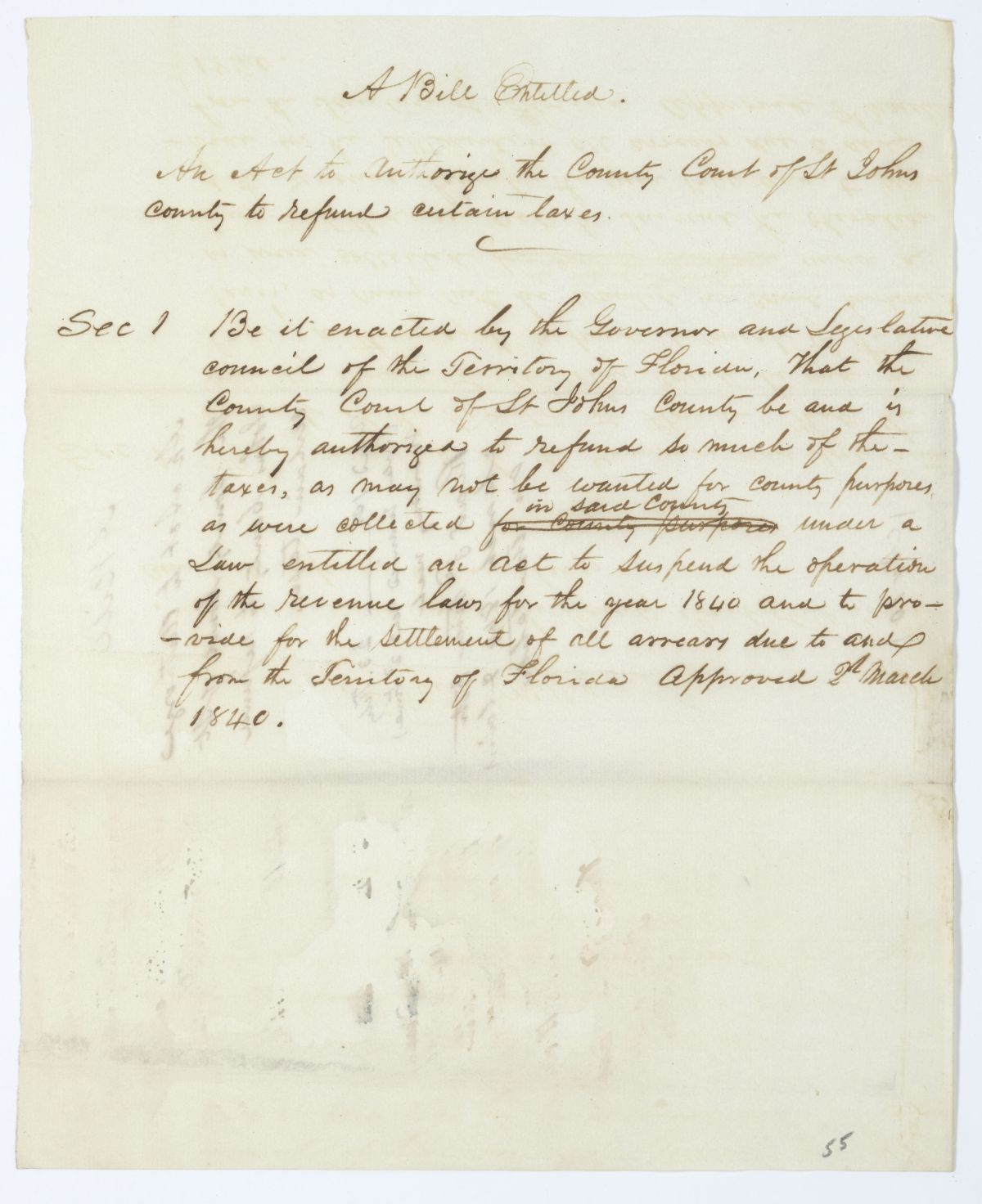 Draft of an Act to Authorize the County Court of Saint Johns County to Refund Certain Taxes, 1844