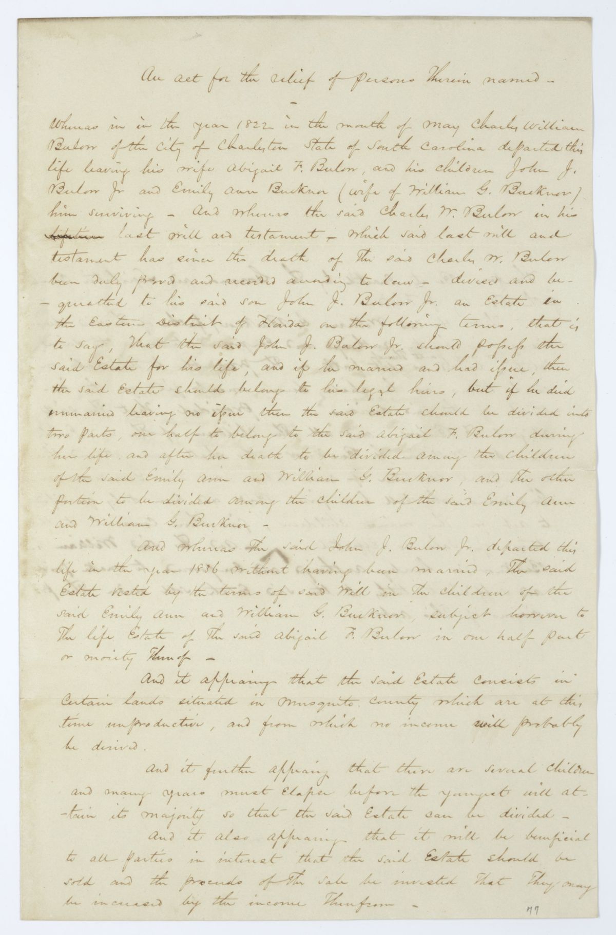 Draft of an Act for the Relief of Persons Therein Named, circa 1844