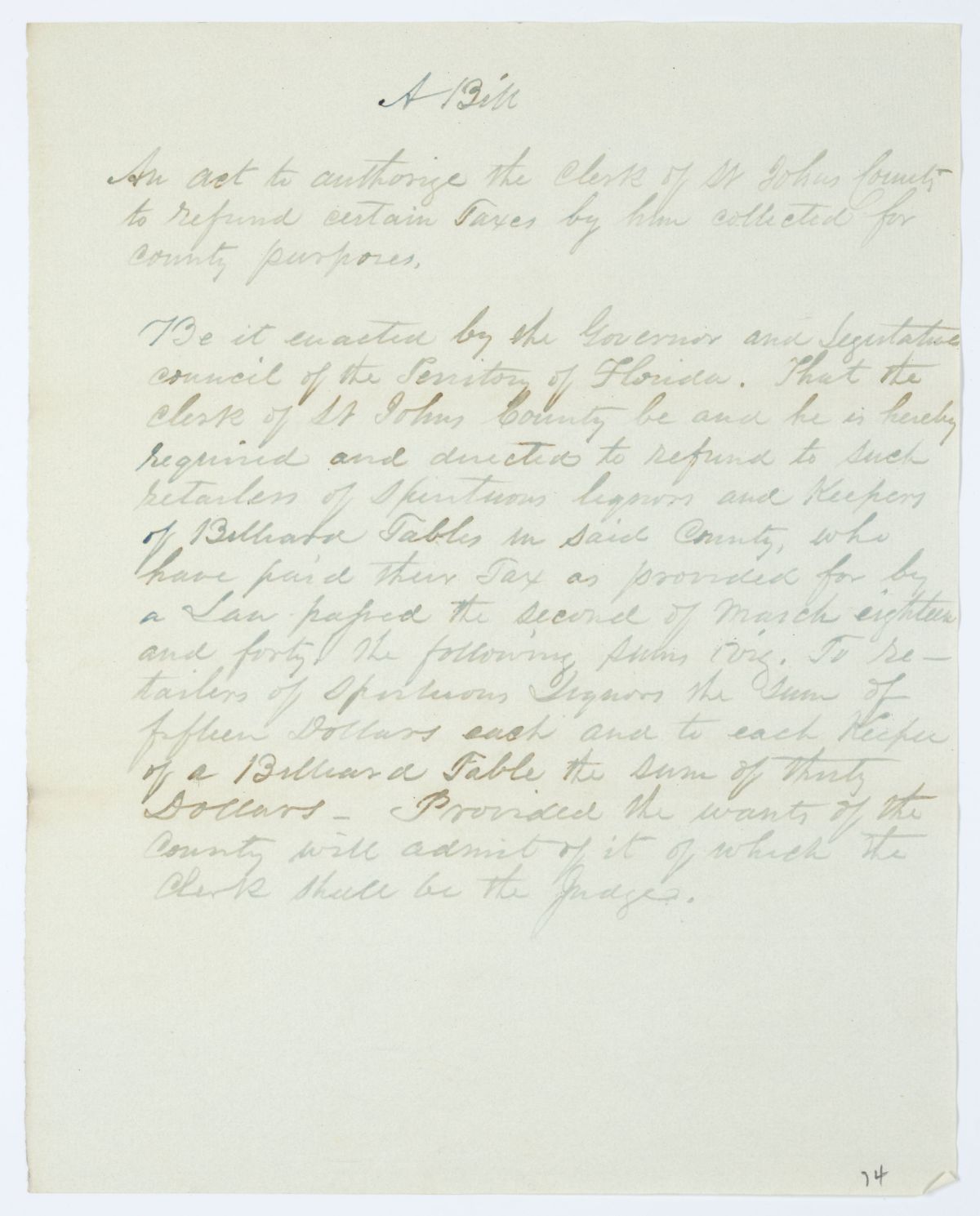 Draft of an Act to Authorize the Clerk of Saint Johns County to Refund Certain Taxes, circa 1844