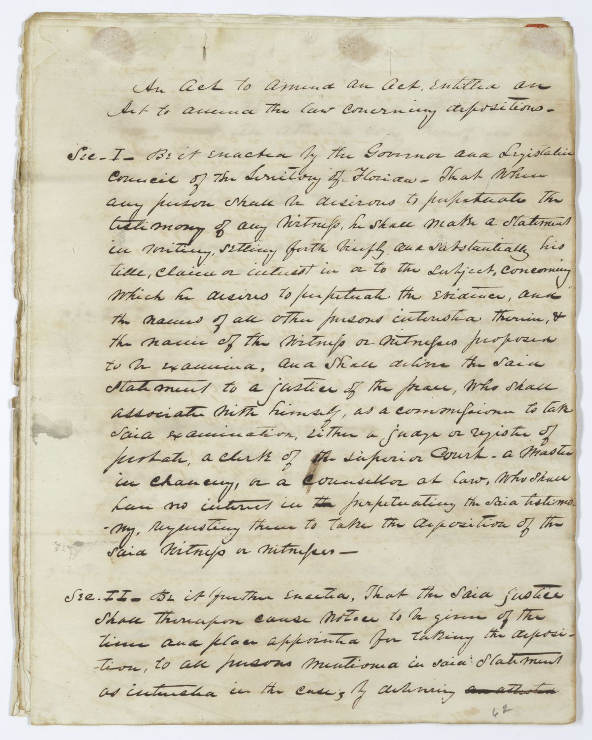 Draft of an Act to Amend an Act to Amend the Law Concerning Depositions, circa 1844