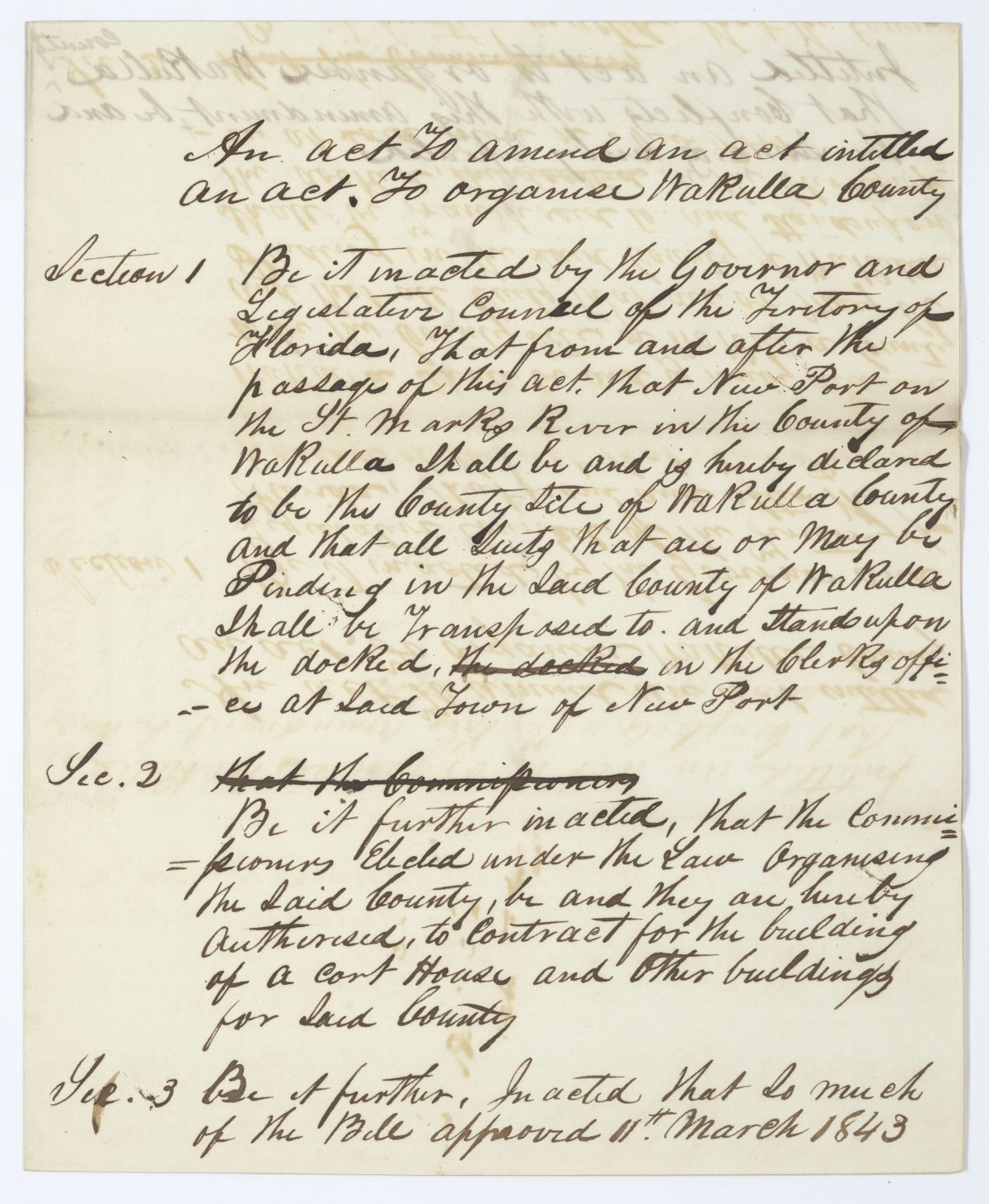 Draft of an Act to Amend an Act to Organize Wakulla County, 1844